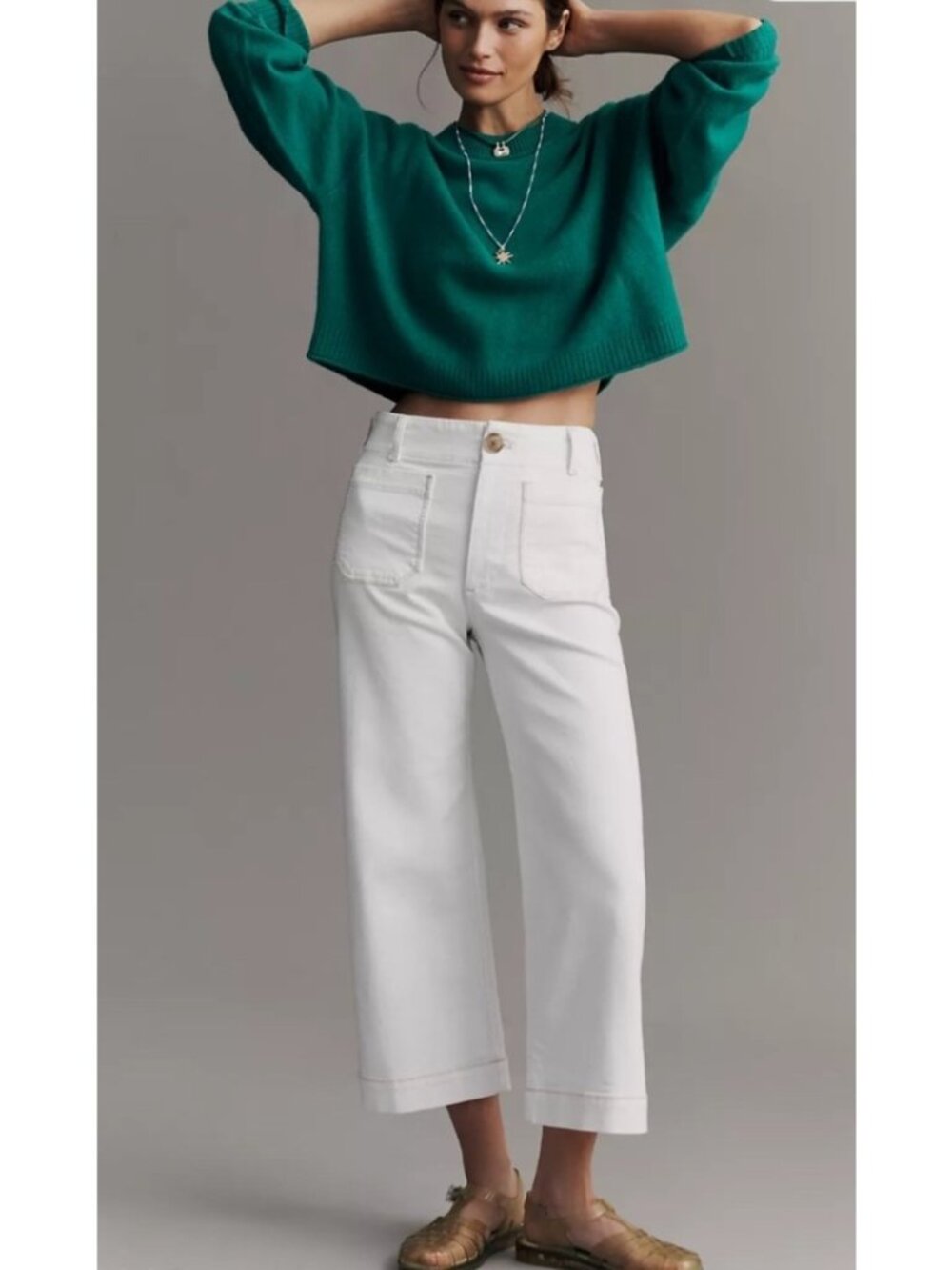 NEW Anthropologie Maeve Colette Whipstitch High-Rise Wide-Leg Crop Jeans White